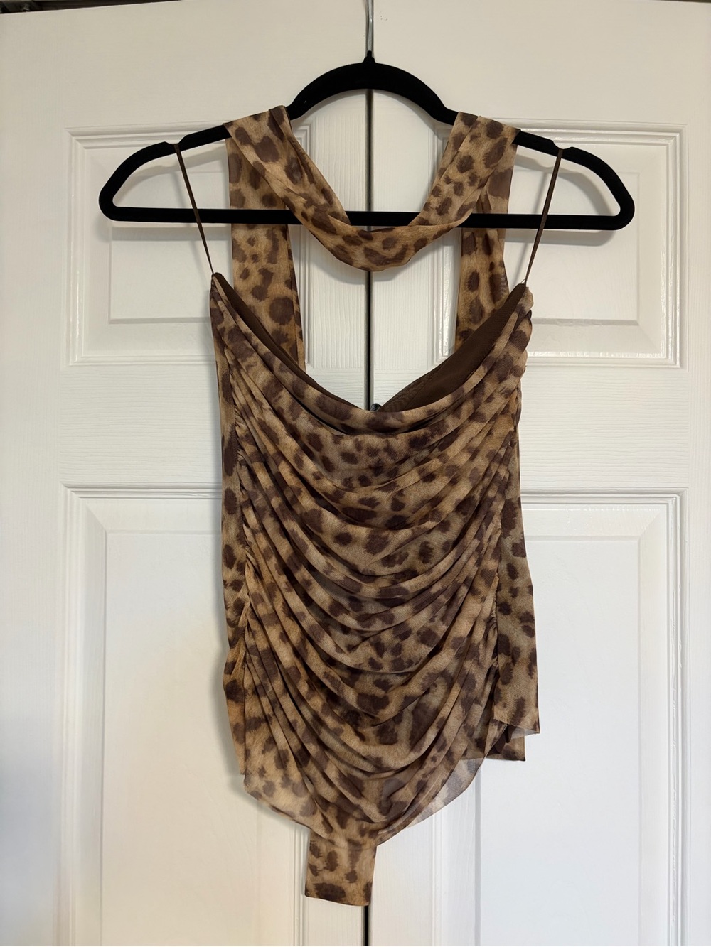 Zara Leopard Print Draped Cowl Neck Women's Top - Brown